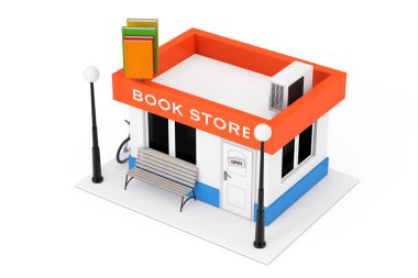 Oyuncakçı karikatür kitap veya kitap mağaza bina cephe beyaz zemin üzerinde. 3D render