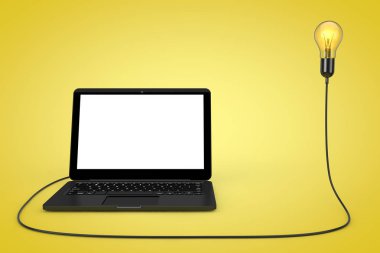 Yaratıcı fikir ampul için sarı bir arka plan üzerinde bağlı dizüstü bilgisayar. 3D render