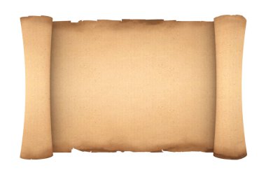 Boş eski kağıt kaydırma parşömen Mockup beyaz zemin üzerinde. 3D render