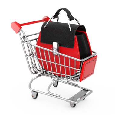 Lüks kırmızı deri kadın çanta alışveriş sepeti beyaz zemin üzerinde. 3D render