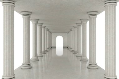 Uzun koridor tünel arasında klasik sütunlar üzerinde beyaz bir arka plan. 3D render