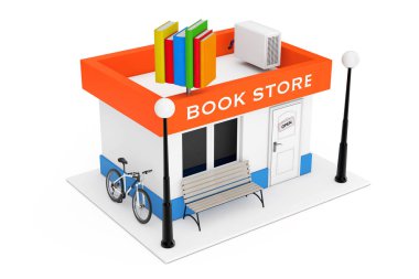 Oyuncakçı karikatür kitap veya kitap mağaza bina cephe beyaz zemin üzerinde. 3D render