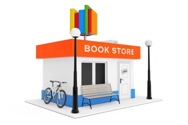 Oyuncakçı karikatür kitap veya kitap mağaza bina cephe beyaz zemin üzerinde. 3D render