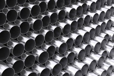 Yansımalar aşırı closeup ile çelik yığını borular. 3D render 