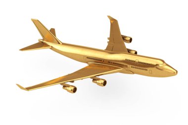 Beyaz zemin üzerine altın Jet yolcu uçağı. 3D render
