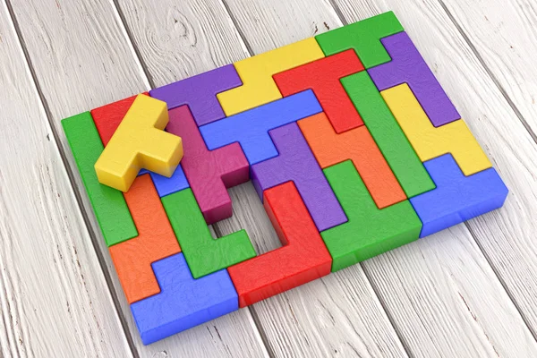 Logical Thinking Concept. Different Colorful Shapes Wooden Blocks on a wooden plank background. 3d Rendering