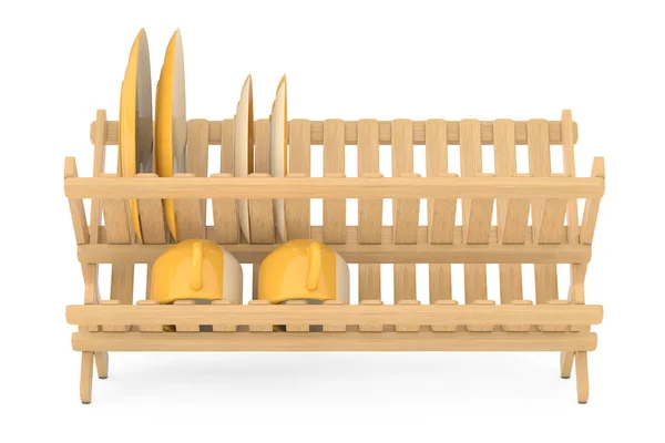 Bamboo Kitchen Dish Drying Rack Платками Кружками Белом Фоне Рендеринг — стоковое фото