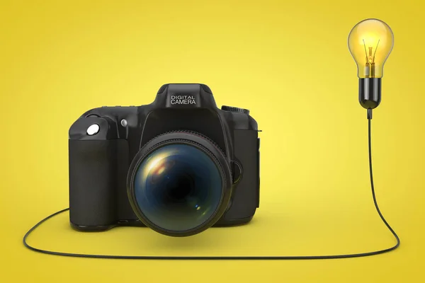 Modern Digital Photo Camera Connected to Creative Idea Light Bulb on a yellow background. 3d Rendering