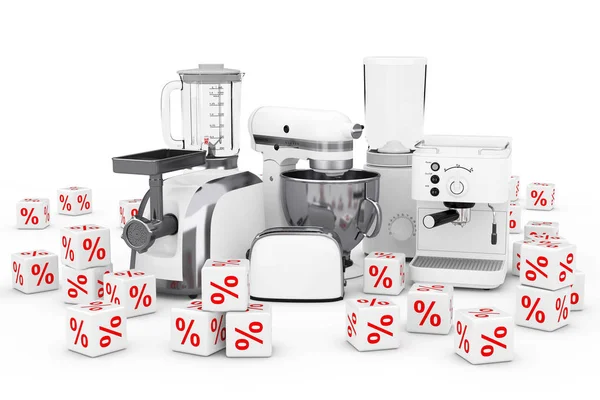 Küchengeräte Eingestellt Weißer Mixer Toaster Kaffeemaschine Fleischmahlmaschine Mixer Und Kaffeemühle — Stockfoto