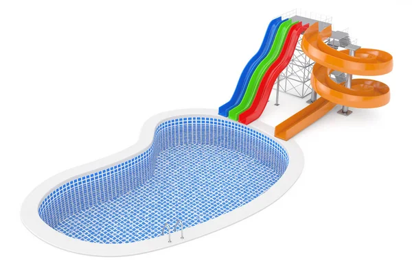 Kleurrijke Aquapark Water Slides Nabij Blue Water Zwembad Met Ladder — Stockfoto