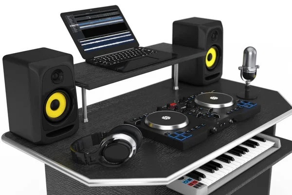 Modernes Aufnahmestudio Mit Elektronischen Geräten Und Instrumenten Auf Weißem Hintergrund — Stockfoto