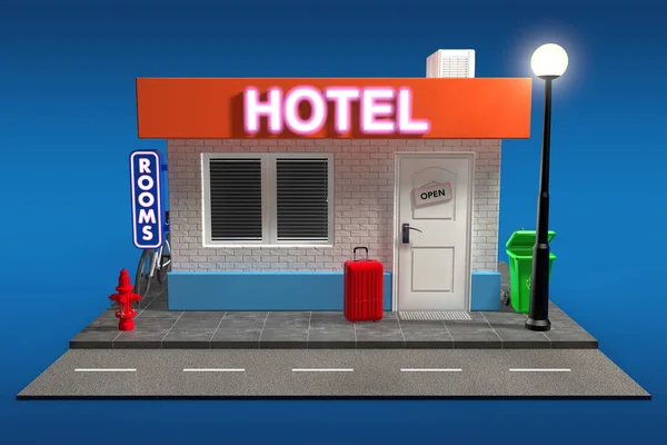 Abstrakte Spielzeug Cartoon Hotelgebäude Auf Blauem Hintergrund Darstellung — Stockfoto