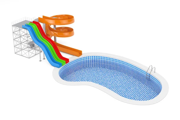 Kleurrijke Aquapark Water Slides Nabij Blue Water Zwembad Met Ladder — Stockfoto