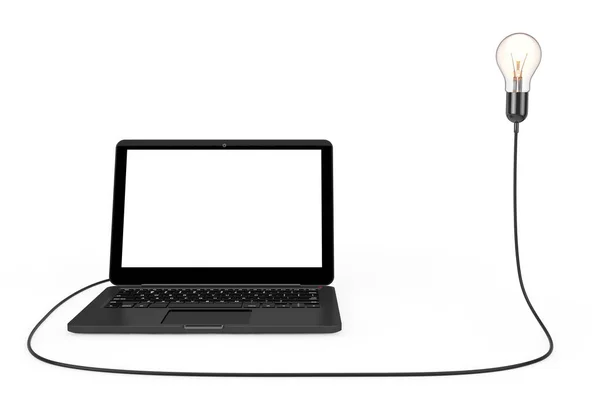 Laptop Computer Connected Creative Idea Light Bulb White Background Rendering — Stock Photo, Image