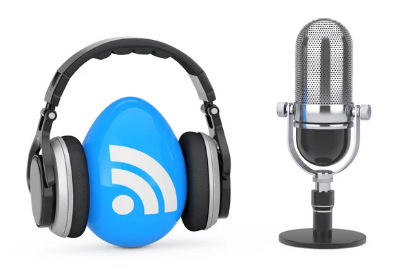 Micrófono Con Auriculares Sobre Rss Podcast Logo Icono Sobre Fondo — Foto de Stock