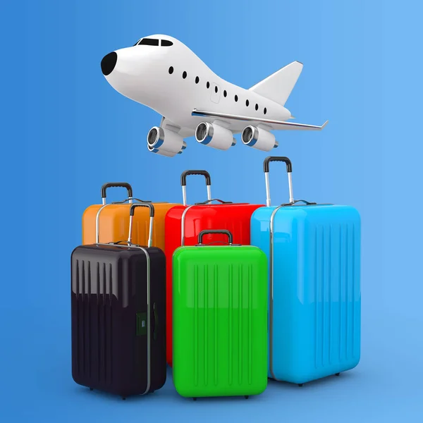 Air Travel Concept Large Multicolour Polycarbonate Suitcases Cartoon Toy Jet — Stock Photo, Image