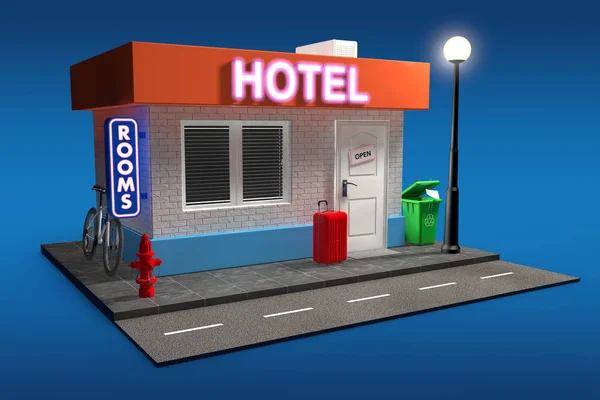 Abstrakcja Zabawki Cartoon Hotel Budynku Niebieskim Tle Renderowania — Zdjęcie stockowe
