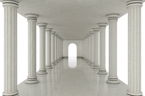 Túnel Longo Corredor Entre Colunas Clássicas Fundo Branco Renderização — Fotografia de Stock