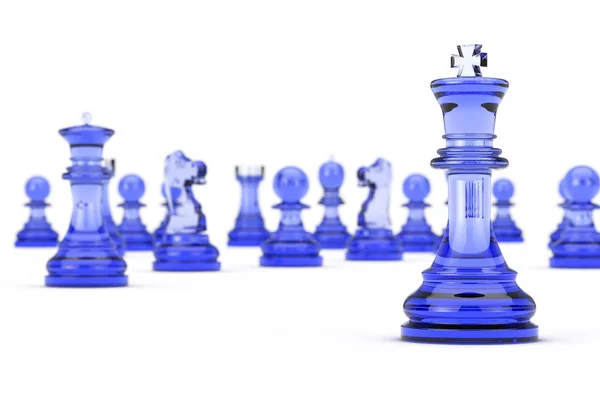 Скло Короля Шахи Перед Багато Шахові Фігури Білому Тлі Рендерінг — стокове фото