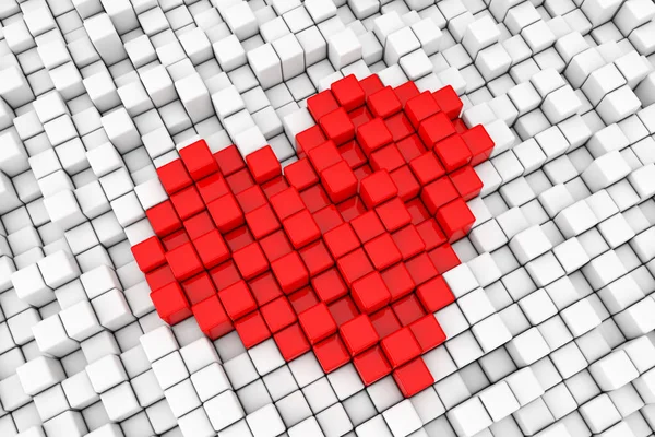 Red Heart Block Cube Pixel Sign extreme closeup. 3d Rendering