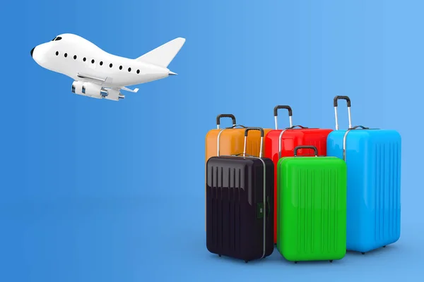 Air Travel Concept Large Multicolour Polycarbonate Suitcases Cartoon Toy Jet — Stock Photo, Image