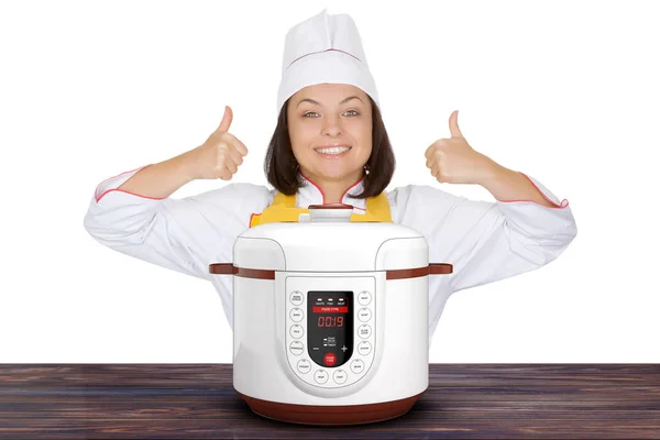 Beautiful Young Woman Chef Show Thumbs Modern Electric Multi Cooker — Foto de Stock