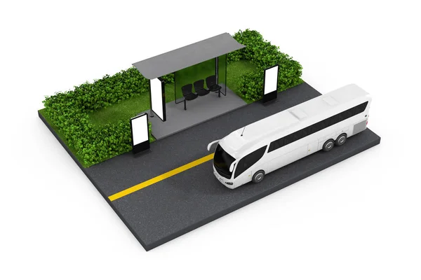 Big White Coach Tour Bus Near Bus Stop Station with Blank Billboards on a white background. 3d Rendering
