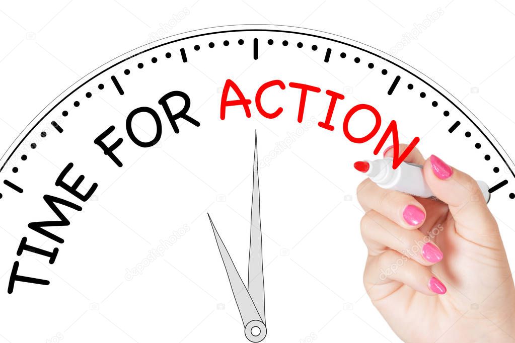 Woman Hand Writing Time for Action Message with Red Marker on Transparent Wipe Board on a white background. 3d Rendering