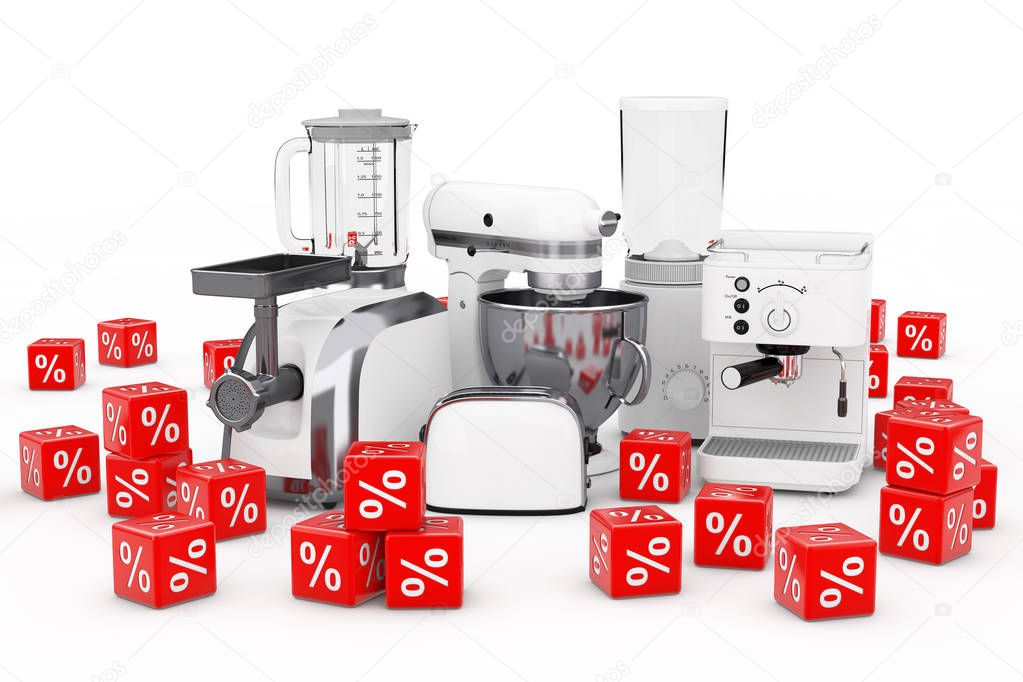 Kitchen Appliances Set. White Blender, Toaster, Coffee Machine, Meat Ginder, Food Mixer and Coffee Grinder with Red Discount Percent Cubes on a white background. 3d Rendering