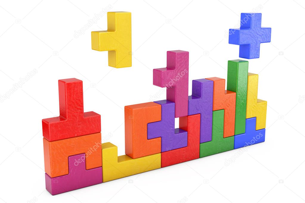 Logical Thinking Concept. Different Colorful Shapes Wooden Blocks on a white background. 3d Rendering