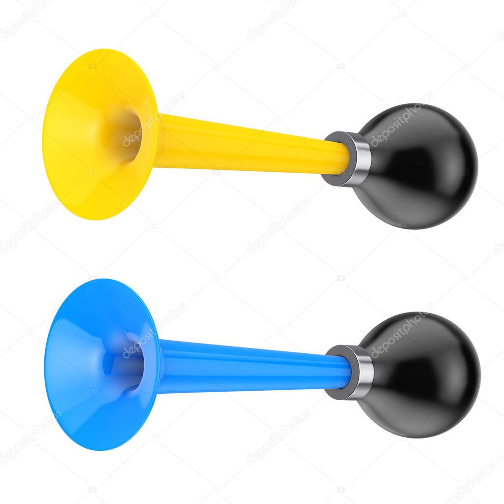 Yellow and Blue Vintage Bicycle Air Horns on a white background. 3d Rendering