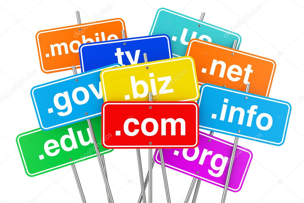 Internet Concept. Domain Name Color Signs on a white background. 3d Rendering