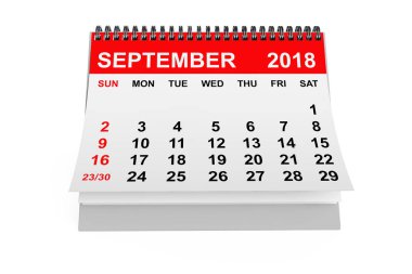 2018 yıl takvim. Beyaz bir arka plan üzerinde Eylül takvim. 3D render