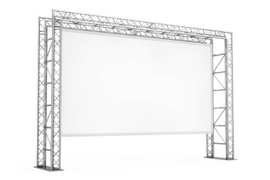Metal Truss yapı sistemi üzerinde beyaz bir arka plan üzerinde boş reklam açık afişi. 3D render