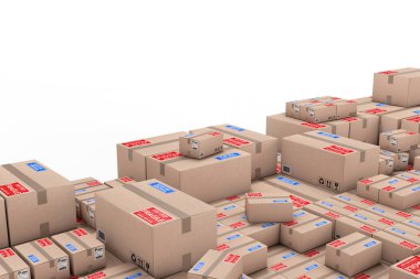 Lojistik kavramı. Beyaz bir arka plan yığını ambarındaki karton kutu. 3D render