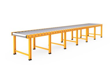 Beyaz bir arka plan üzerinde boş silindir konveyör hattı. 3D render