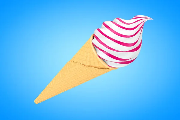青色の背景にワッフル クリスピー アイス クリーム コーンにアイスクリームをソフト クリームします レンダリング — ストック写真