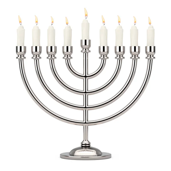 Retro Silver Hanukkah Minorca Con Candele Ardenti Sfondo Bianco Rendering — Foto Stock