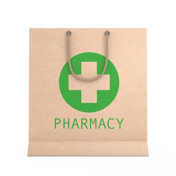 Medicine Paper Recycled Bag with Pharmacy Sign on a white background. 3d Rendering