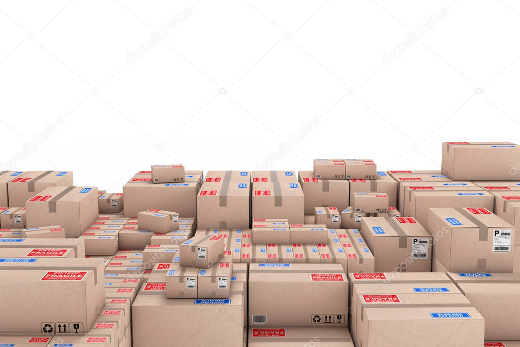 Logistics Concept. Stack of Cardboard Boxes in Warehouse on a white background. 3d Rendering