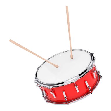 Beyaz bir arka plan üzerinde Davul Drum, Çift sopa ile kırmızı bas. 3D render