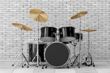 Profesyonel Rock siyah Drum Kit tuğla duvar önünde. 3D render
