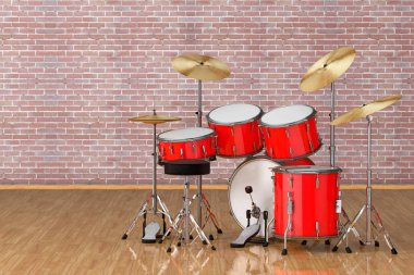 Profesyonel Rock kırmızı Drum Kit tuğla duvar önünde. 3D render