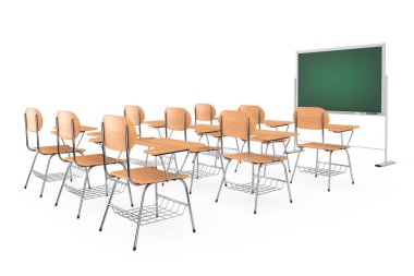 Beyaz bir arka planda satır tahta ders okul veya üniversite Danışma tabloların yakınındaki kara tahta sandalye ile. 3D render