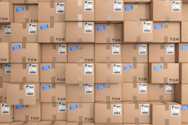 Lojistik kavramı. Ambar aşırı closeup yığınında satır karton kutu. 3D render