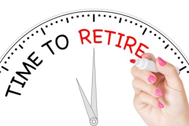 Kadın el yazma zaman emekli iletiye şeffaf silin tahtada beyaz zemin üzerine kırmızı işaret. 3D render