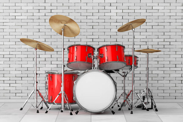 Professional Rock Red Drum Kit in front of brick wall. 3d Rendering