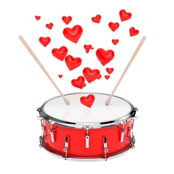 红色低音鼓与对鼓棍子和红色心脏在白色背景 — 图库照片