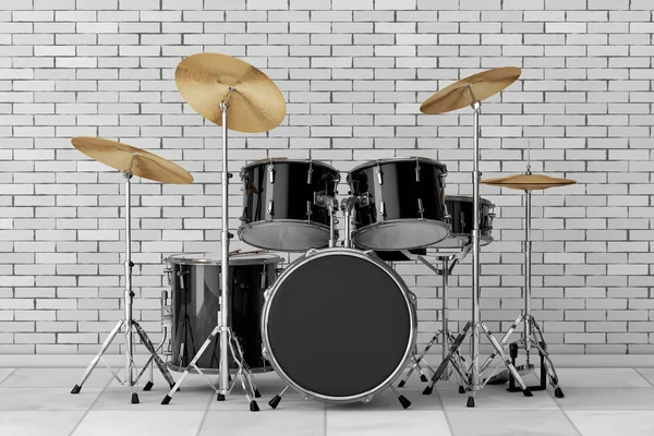 Profissional Rock Black Drum Kit Frente Parede Tijolo Renderização — Fotografia de Stock