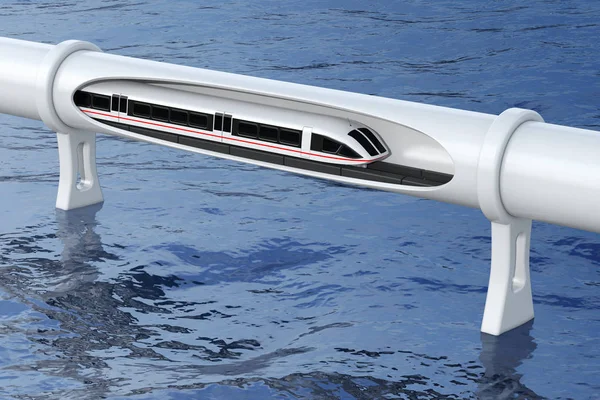 スーパー高速未来磁気浮上鉄道移動青い海に真空トンネル立って レンダリング — ストック写真